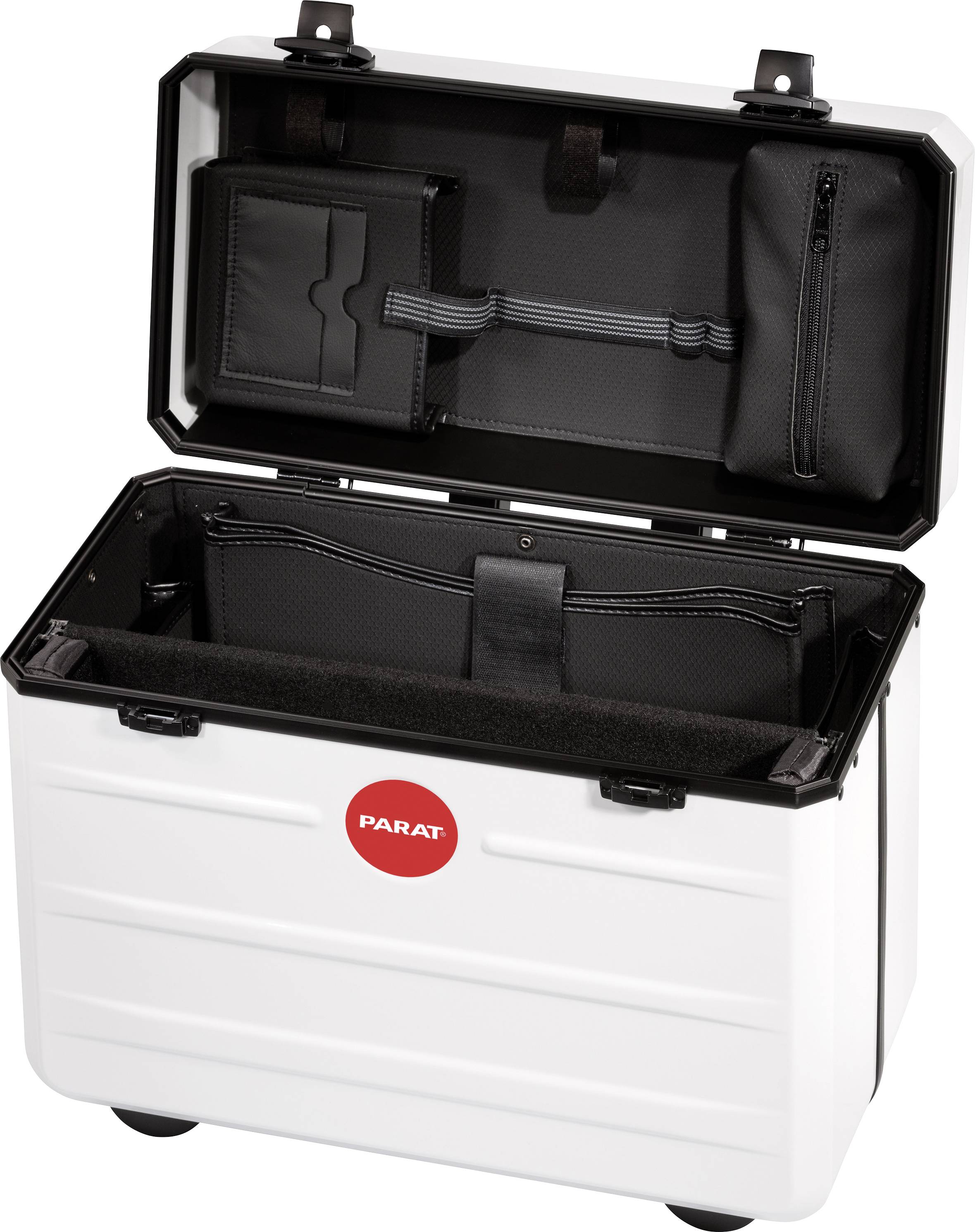'White plastic tool bag with an open lid. Inside are multiple compartments and elastic straps for organisation.'