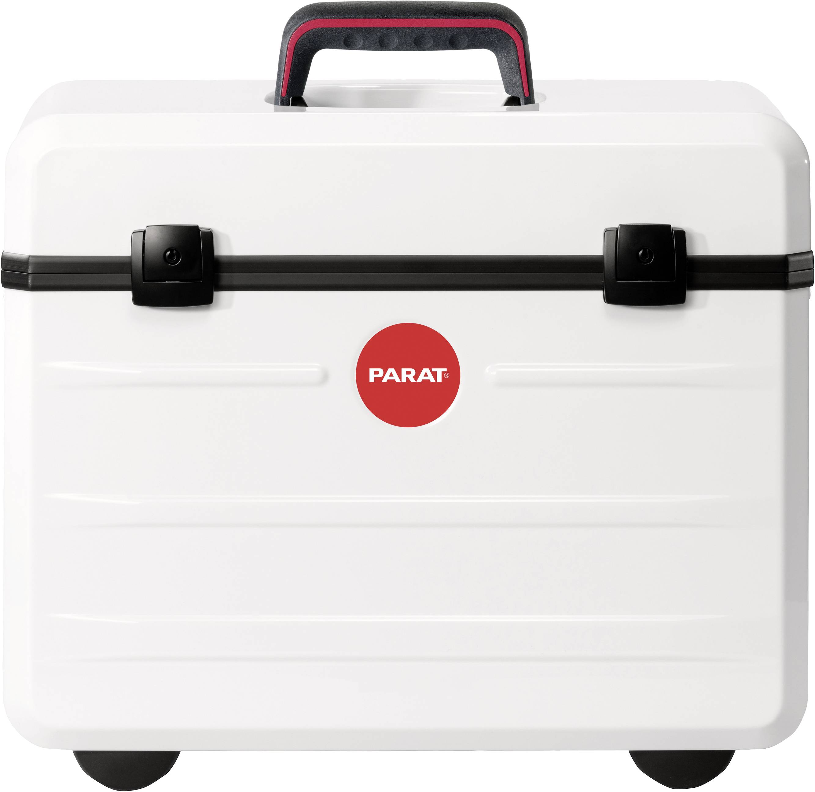 A white tool case with a red brand logo in the centre and a black handle at the top.