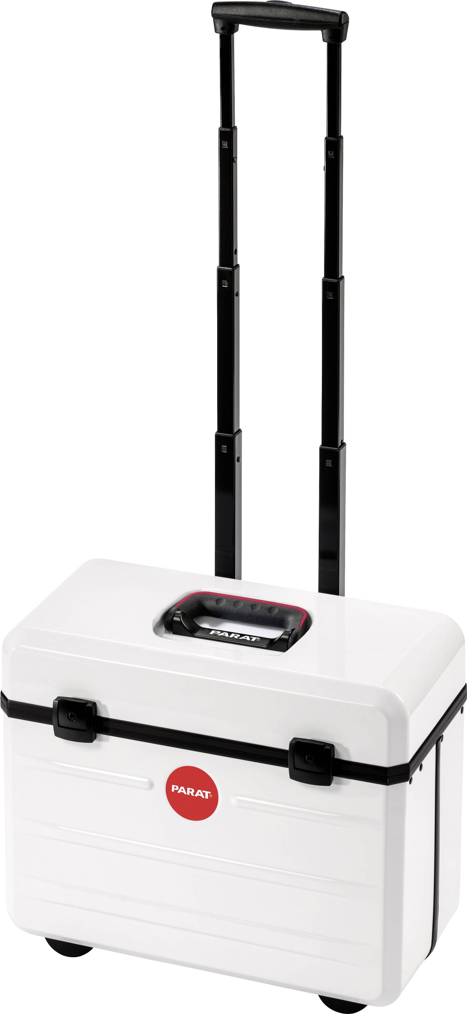 White tool case with red logo and extendable handle, on wheels for easy transportation.
