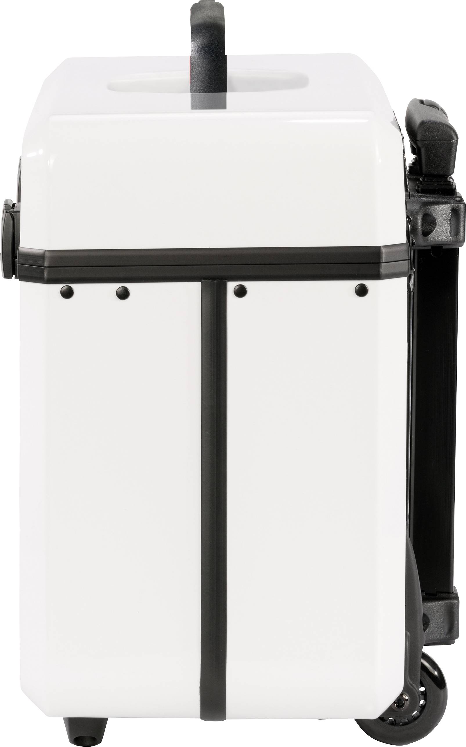 A vertically oriented, white suitcase with black details and a handle at the top. Two wheels on the underside for pulling.