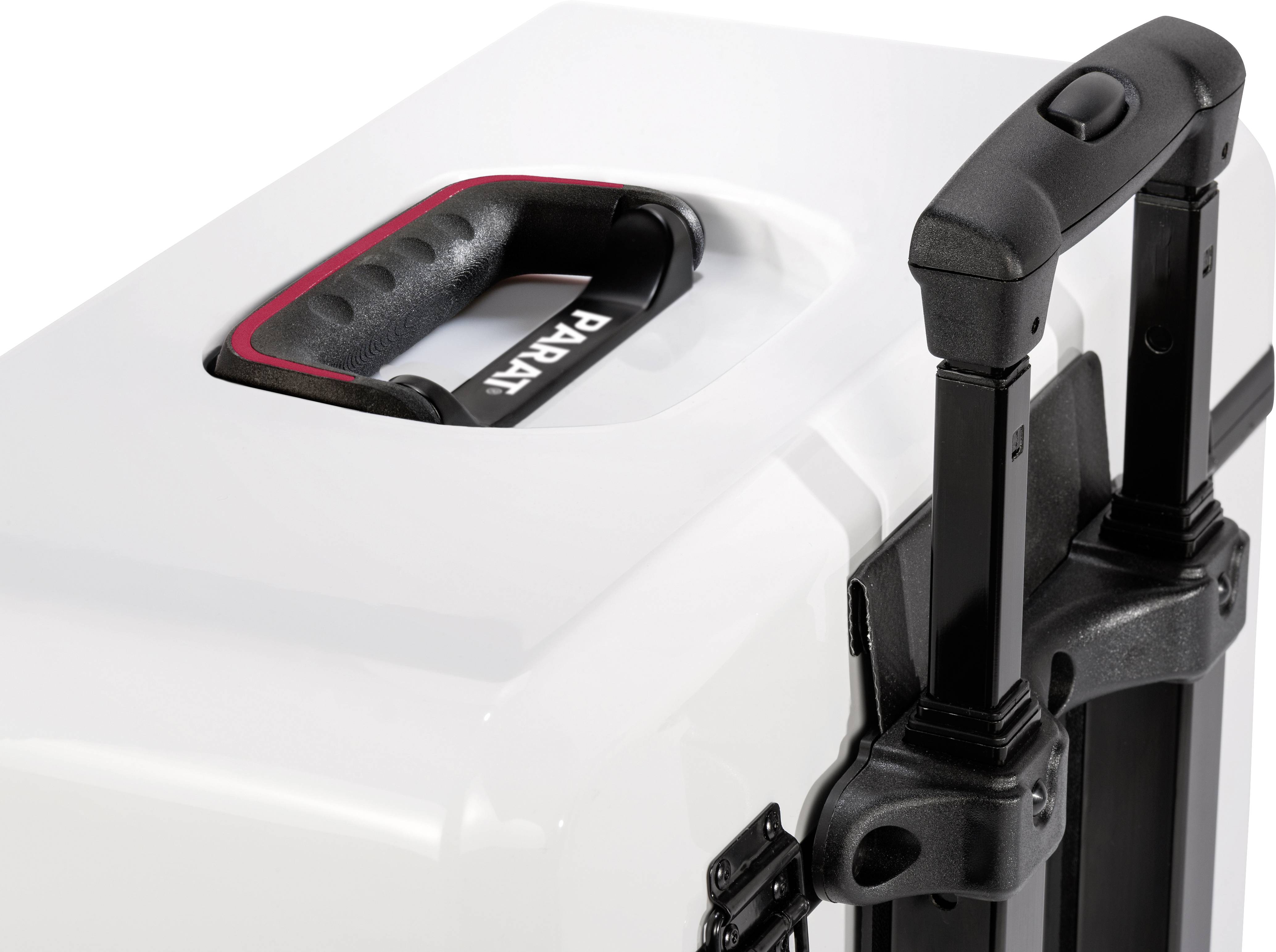 A white suitcase with a black handle and black telescopic rods, suitable for travel or transport.