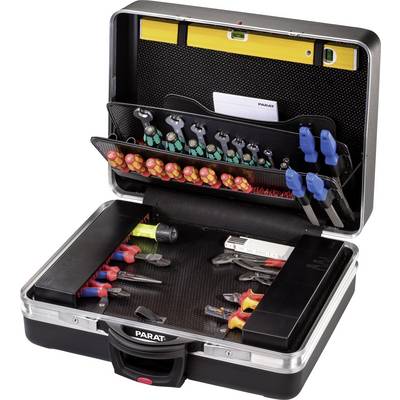 An opened toolbox with multiple compartments containing various tools such as screwdrivers, spanners and pliers.