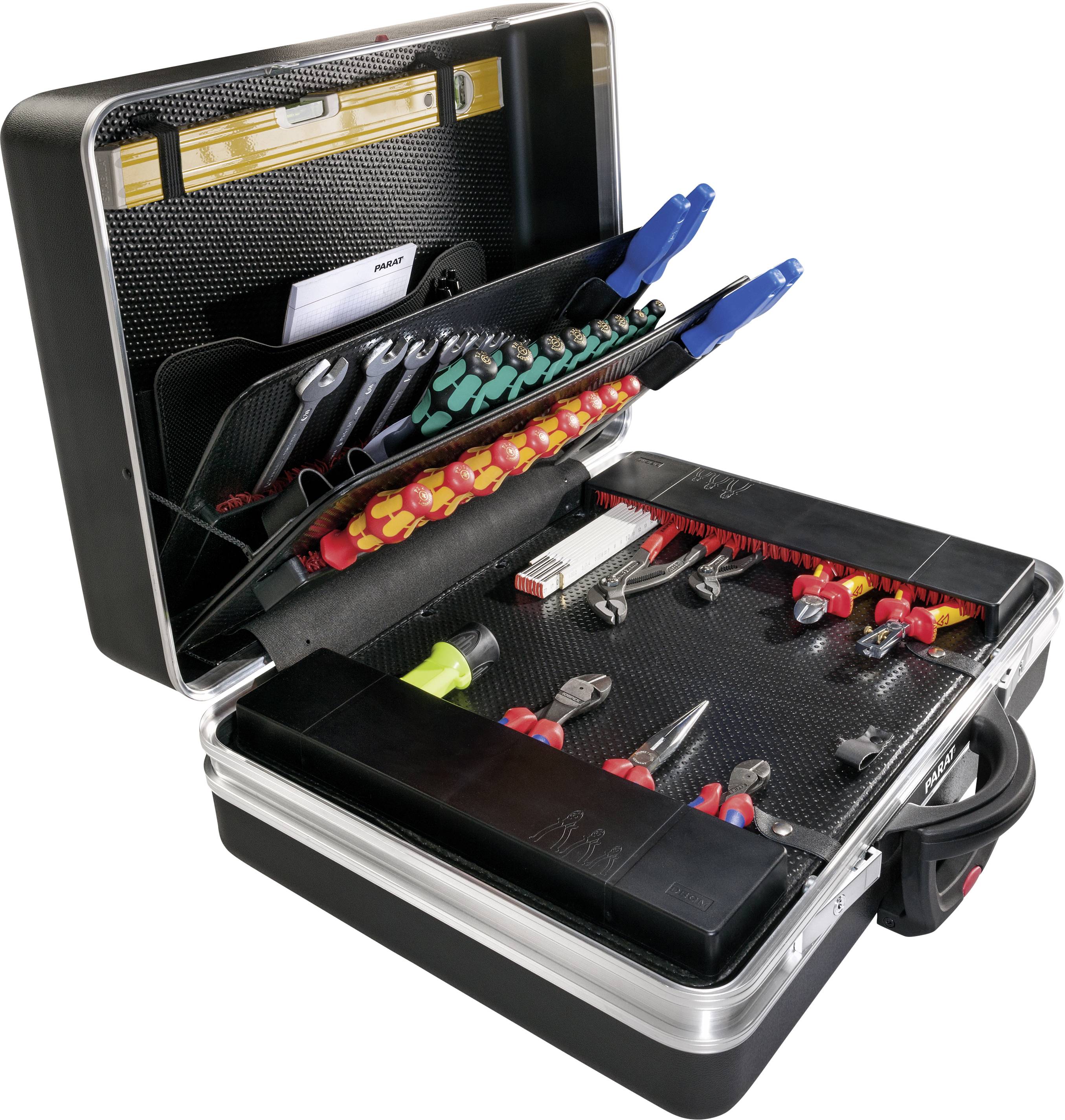 An opened toolbox with various tools and coloured holders, organised for easy access, visible.