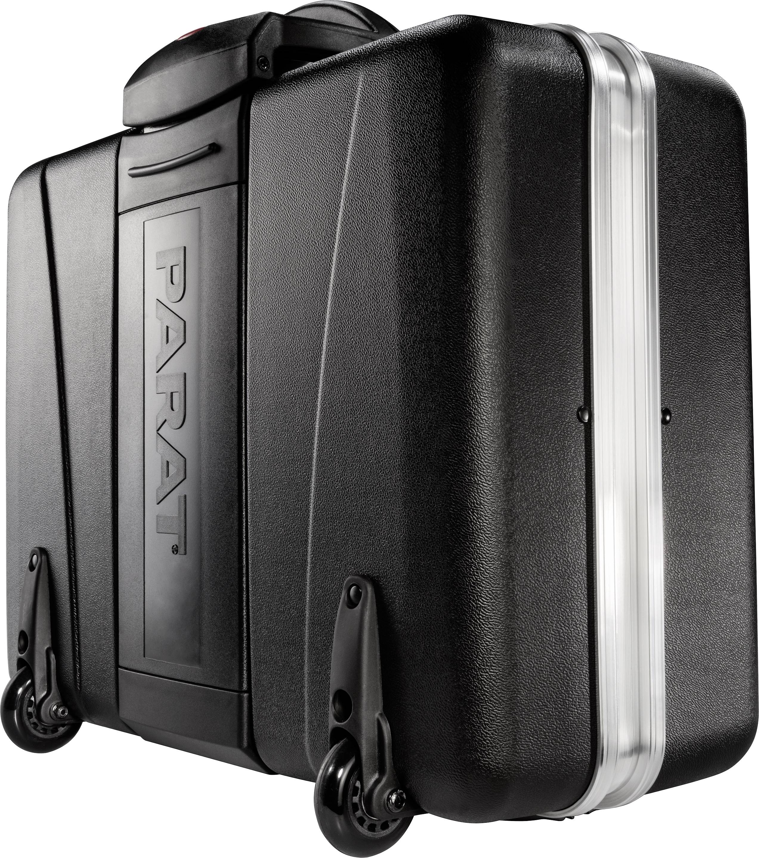 Black, robust rolling toolcase with silver stripe, brand name 'PARAT' visible on the side, designed for secure tool transportation.