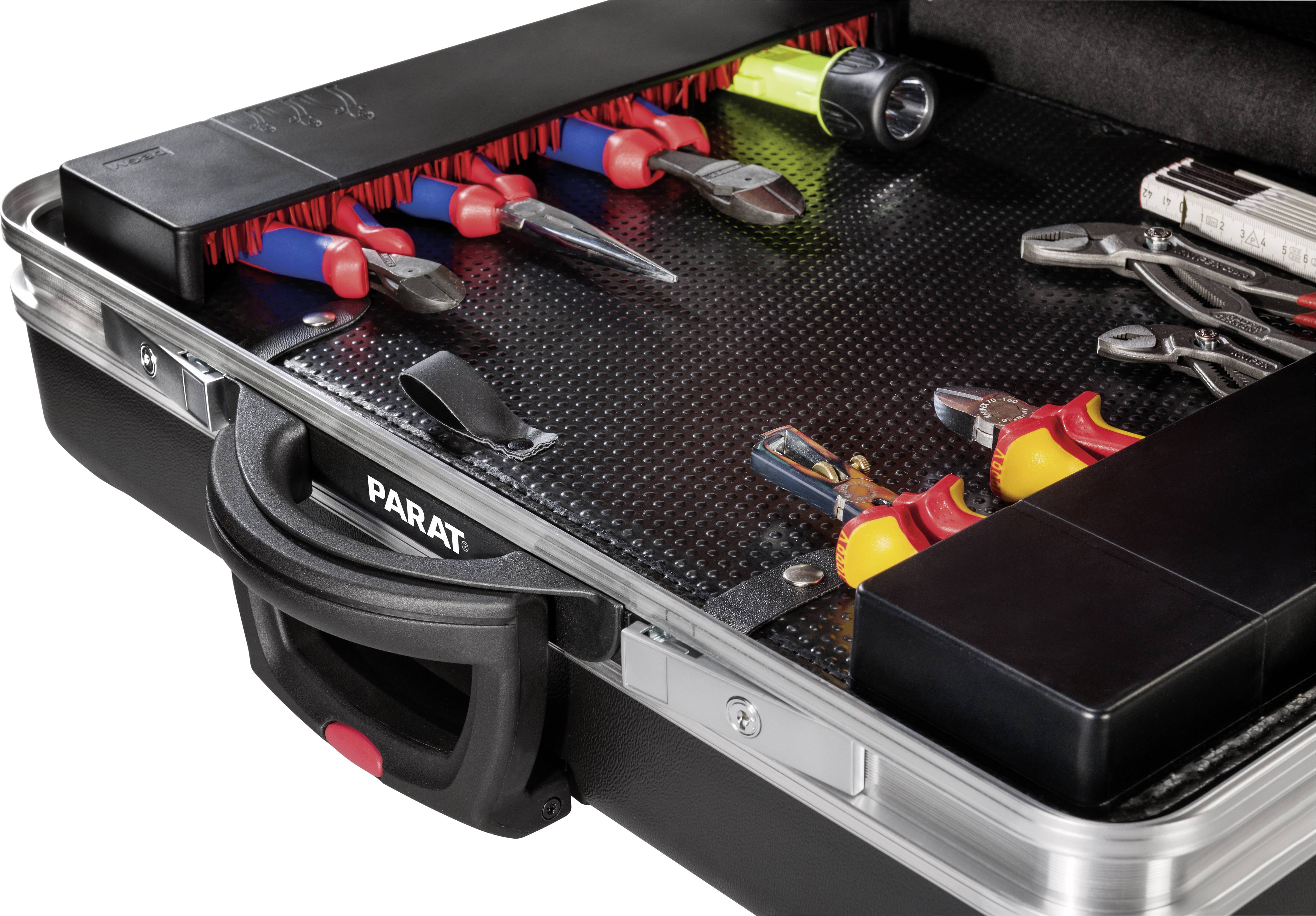 Opened toolbox with screwdrivers, pliers and torch neatly arranged on a structured surface.