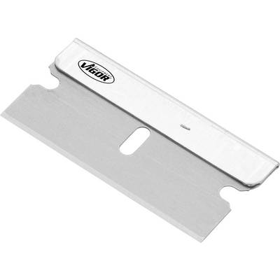 A silver disposable razor blade with a central hole and rounded corners lies on a white background.