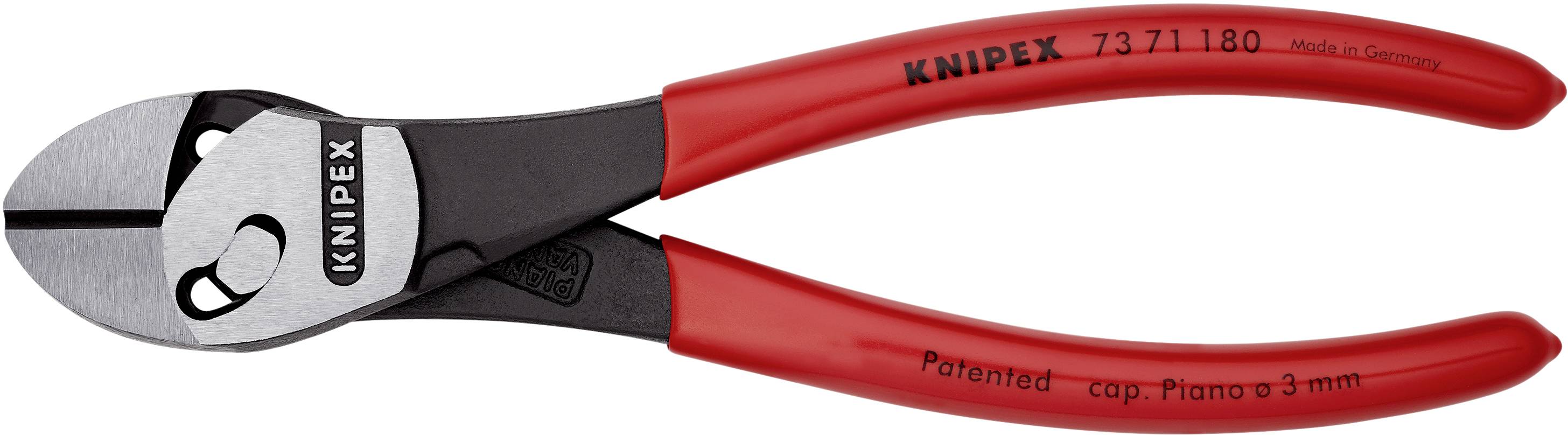Red KNIPEX side cutters with patented design, suitable for cutting piano wire up to 3 mm in diameter.