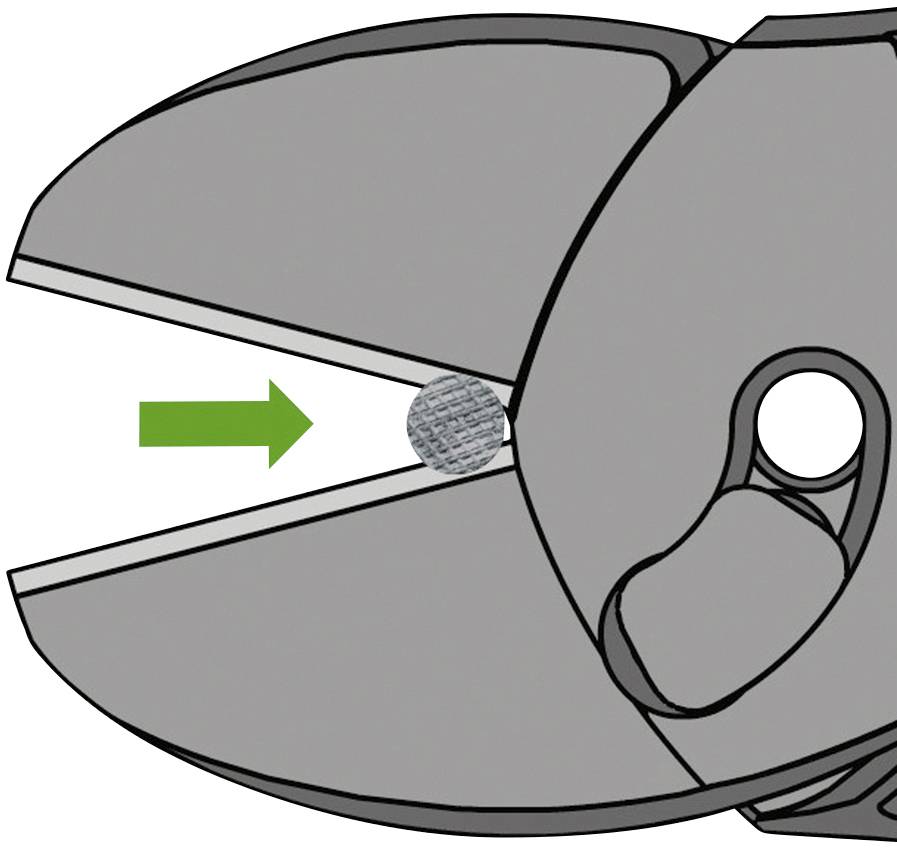 Diagram shows a bolt cutter cutting a wire. A green arrow illustrates the cutting motion.