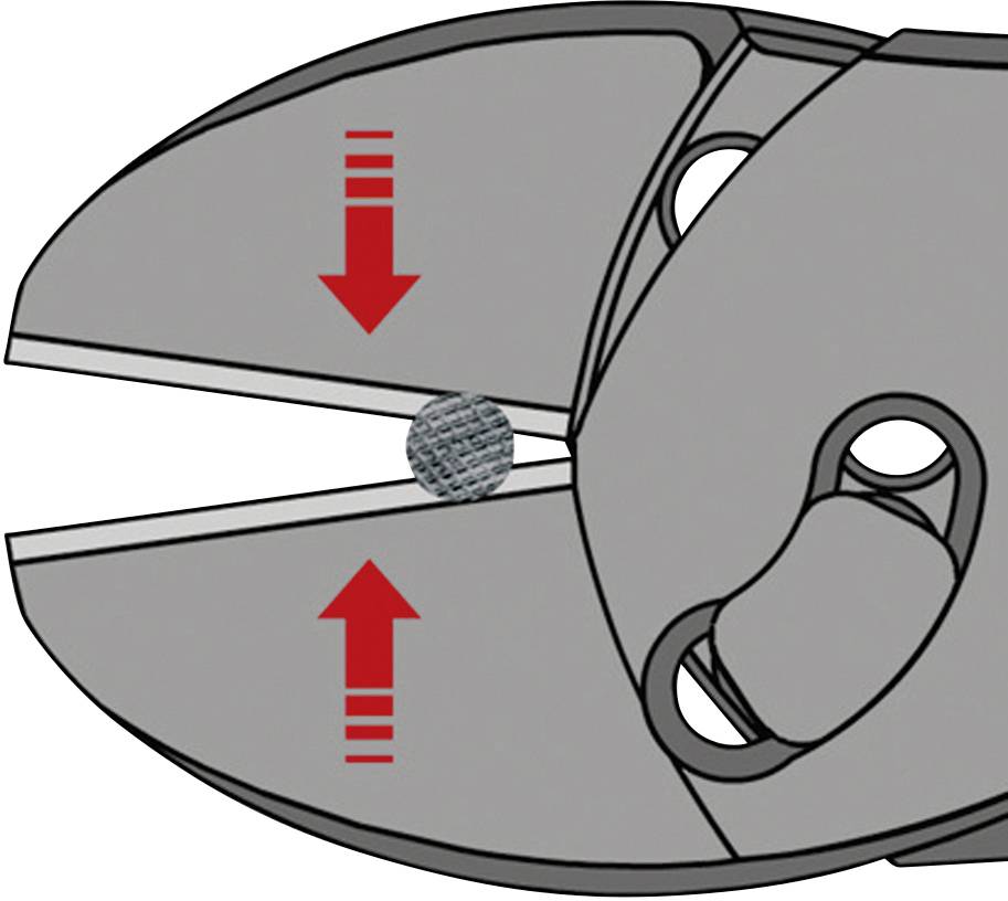 A crimping plier with arrows indicates the direction of the crimping movement on a wire positioned between the jaws.