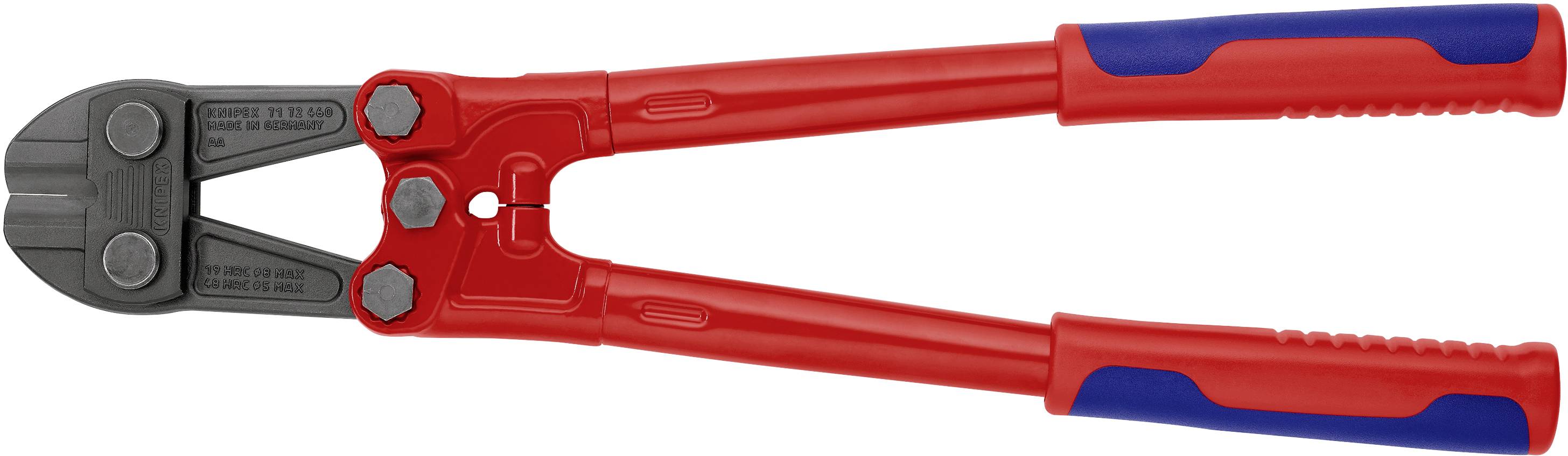 A red bolt cutter with a blue handle, suitable for cutting through metal rods or thick wires.