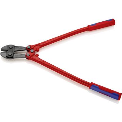 A red bolt cutter with black cutting heads and blue handles is lying on a white background.