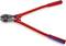 A red bolt cutter with black cutting heads and blue handles is lying on a white background.