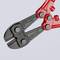 A red bolt cutter with a black cutting head. On the tool it reads: 'Knipex 71 12 610 Made in Germany'.