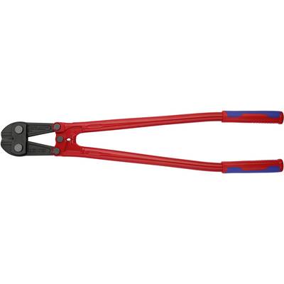 Red bolt cutters with black jaws and blue handle ends on a white background.