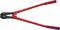 Red bolt cutters with black blades, metal handle with insulated red plastic coating. Tool for cutting through strong wires.