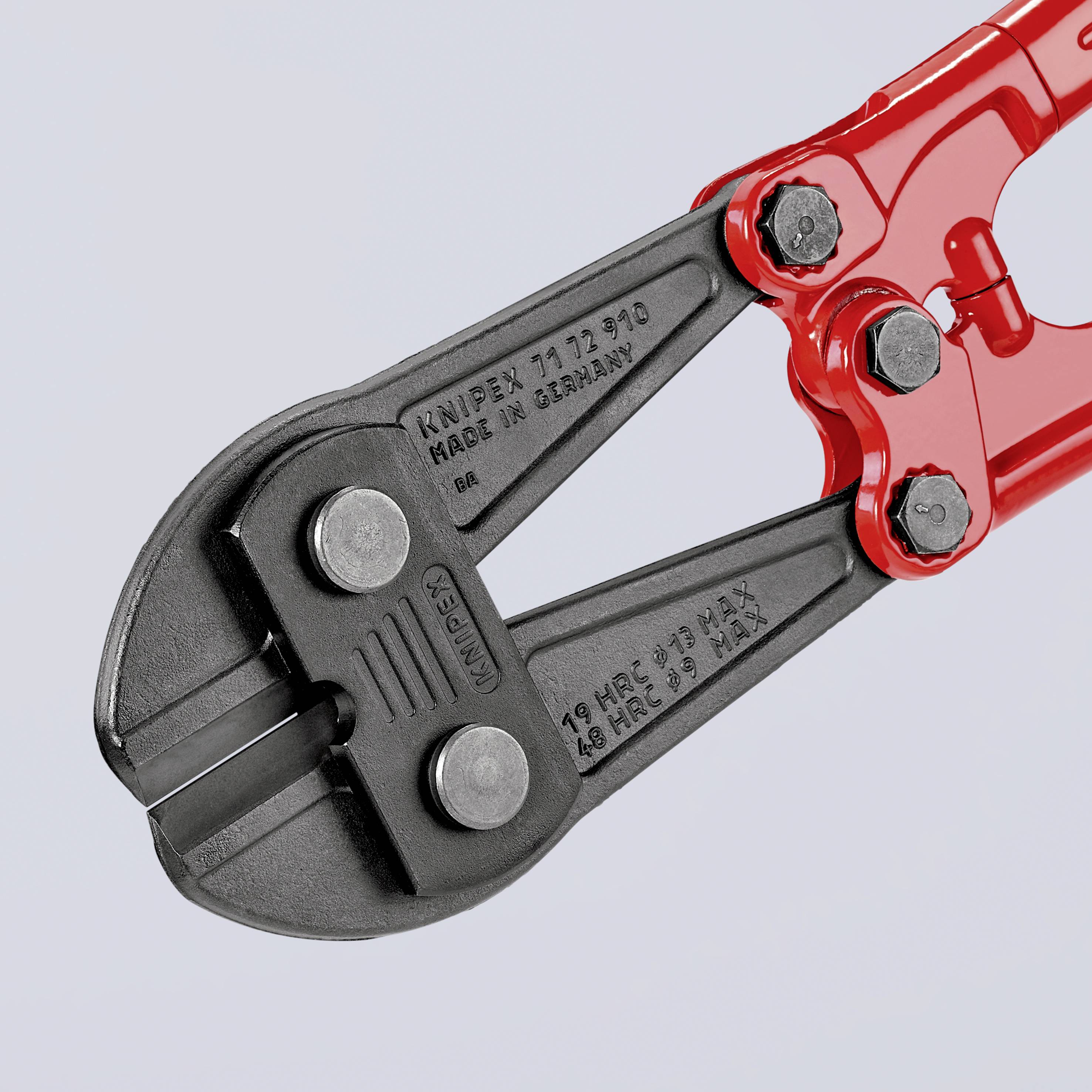 A red bolt cutter with the label 'Made in Germany'. Suitable for cutting wire, action mechanism clearly visible.