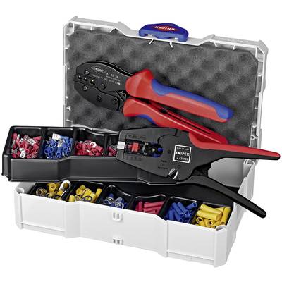 Toolbox with crimping pliers and coloured cable shoes in various sizes, organised in compartments.