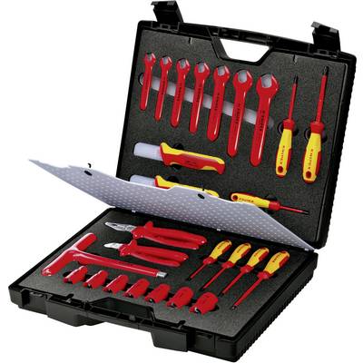 A black toolbox reveals a variety of red and yellow insulated hand tools, including screwdrivers and pliers.