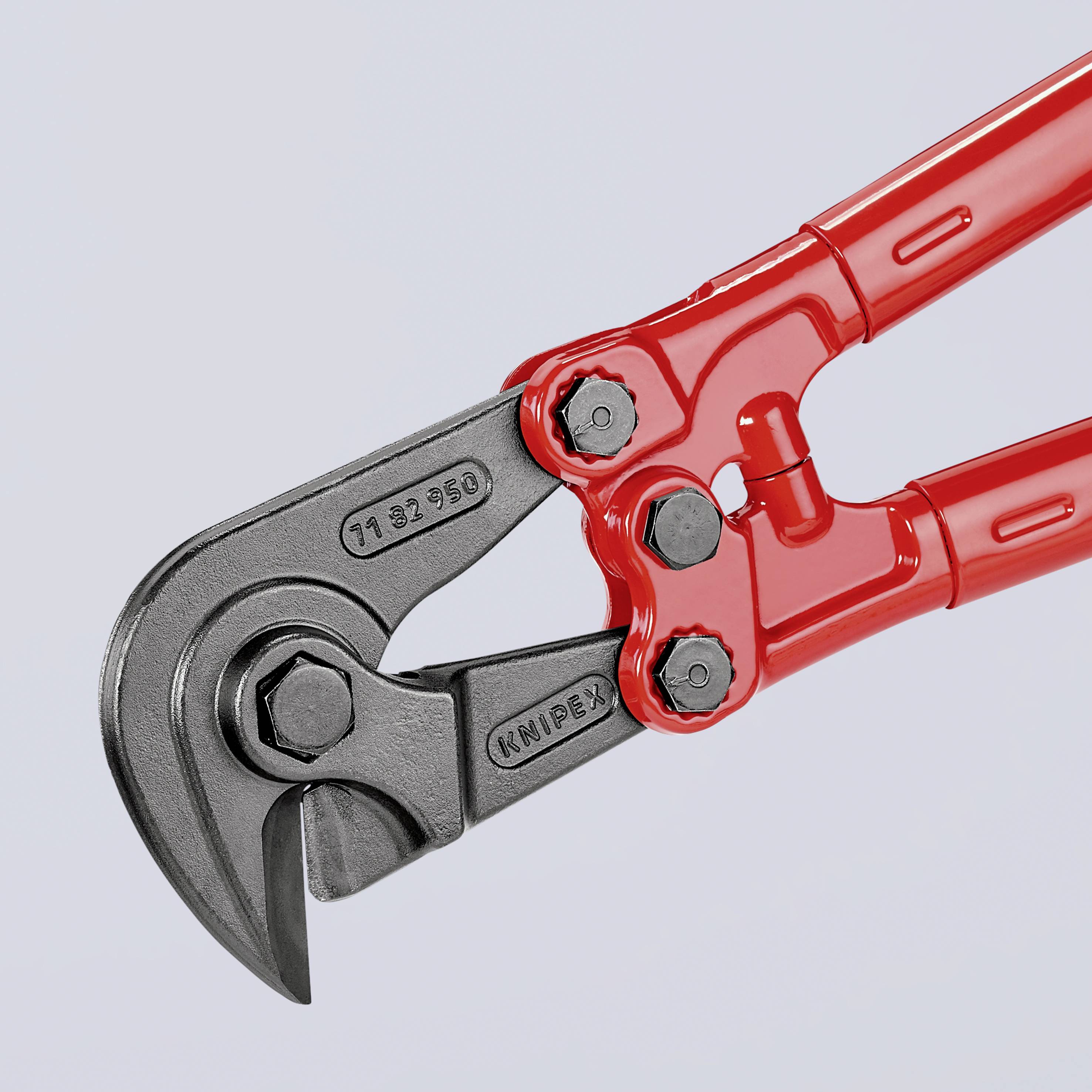 Red, sturdy bolt cutters with curved handles and metal blades, suitable for cutting through hard materials such as wire.