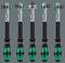 Five ratchet wrenches with black and green handles are shown, each aligned vertically, showcasing different head angles against a gray background.