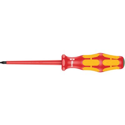 A red and yellow screwdriver with an ergonomic handle and insulated blade, designed for precision work.
