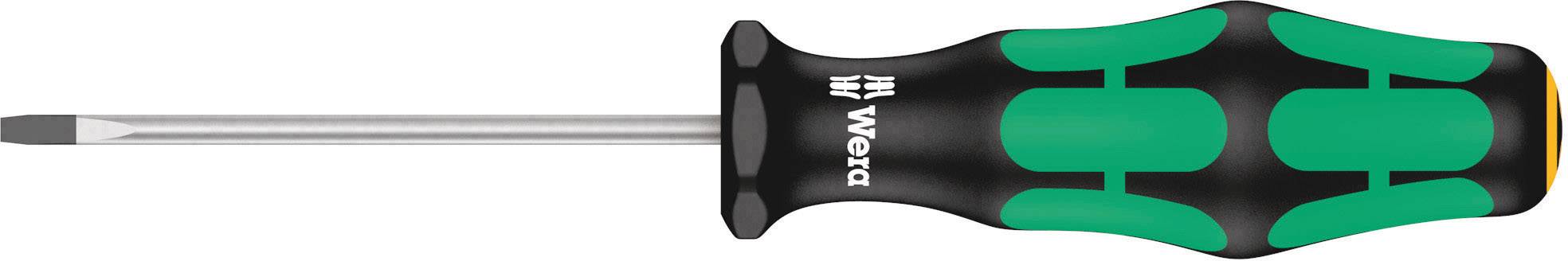A screwdriver with a green and black handle, marked 'Wera'. The shaft is metallic with a flat tip.