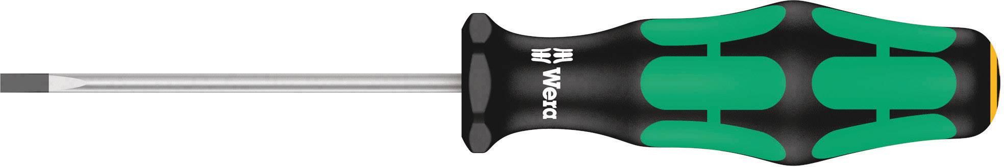 The screwdriver has an ergonomic handle in green and black with a flat blade. Suitable for slotted screws.