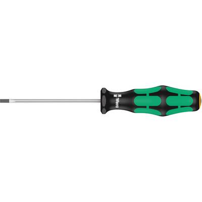 Screwdriver with ergonomic handle, black and green design, suitable for slotted screws.