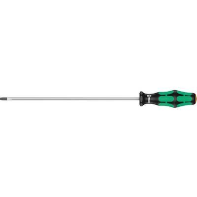Screwdriver with green and black handle and long, narrow blade, side view.