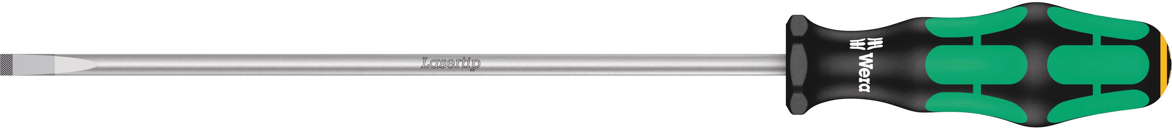 A slotted screwdriver with a black and green handle, side view of the shaft with a flat tip.