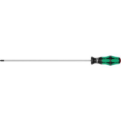 Long screwdriver with a green and black handle, suitable for deep-set screws and hard-to-reach areas.