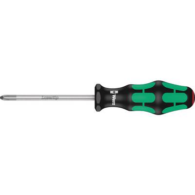 A cross-head screwdriver with a black handle and green pattern, Wera brand, lying down, shows the handle shape and tip.