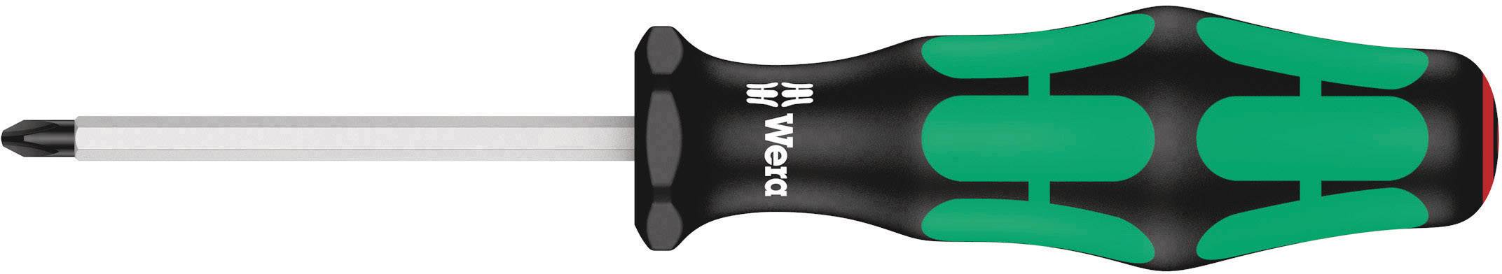 Screwdriver with ergonomic handle and cross-head blade, lying on white background.