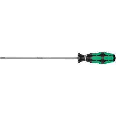 A cross-head screwdriver with an ergonomic handle in black and green. Suitable for precise screw work.