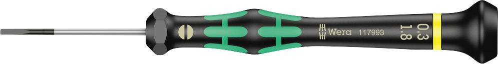 A black screwdriver with a green handle and fine tip, marked with 'Wera 0.3 x 1.8', suitable for precision work.