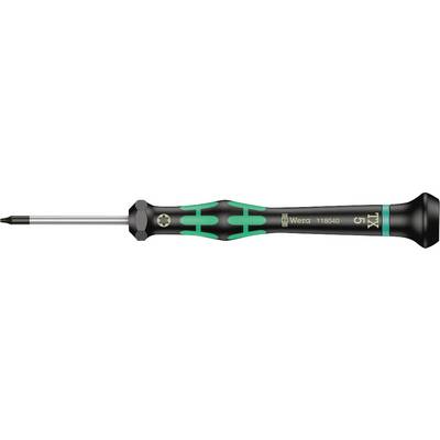 A screwdriver with a black handle and green elements. The shaft is metallic and terminates in a Torx tip.