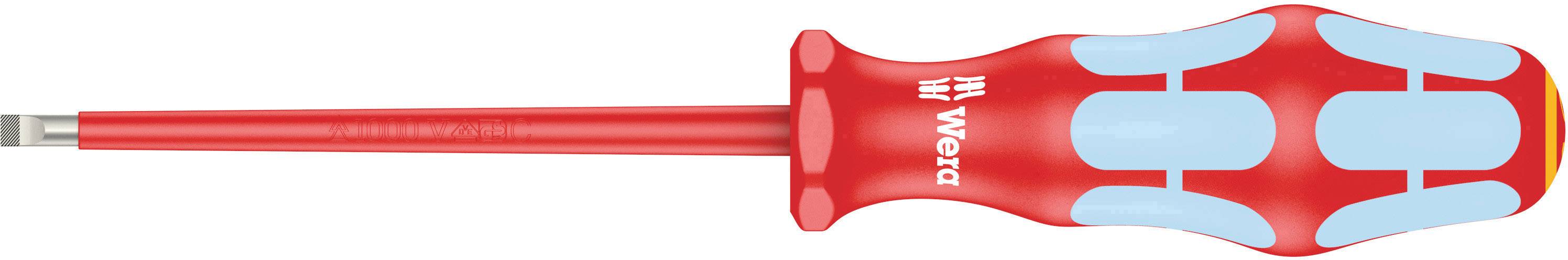 A red screwdriver with an ergonomic handle and blue accents lies horizontally. Torque indicator on the handle.