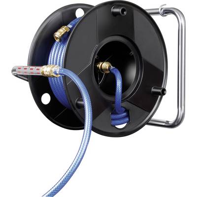 Blue garden hose wound on a black wall-mounted reel with brass fittings and a chrome handle, isolated on white.