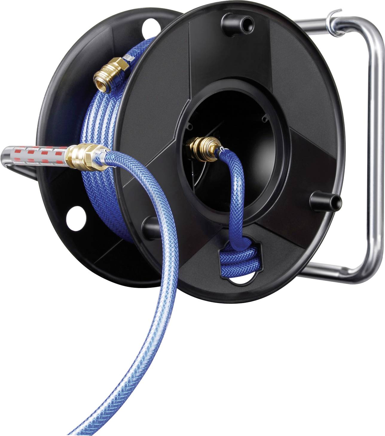Black wall-mounted hose reel with a blue hose and brass fittings, shown coiled and partially unwound with a metal handle<br>
