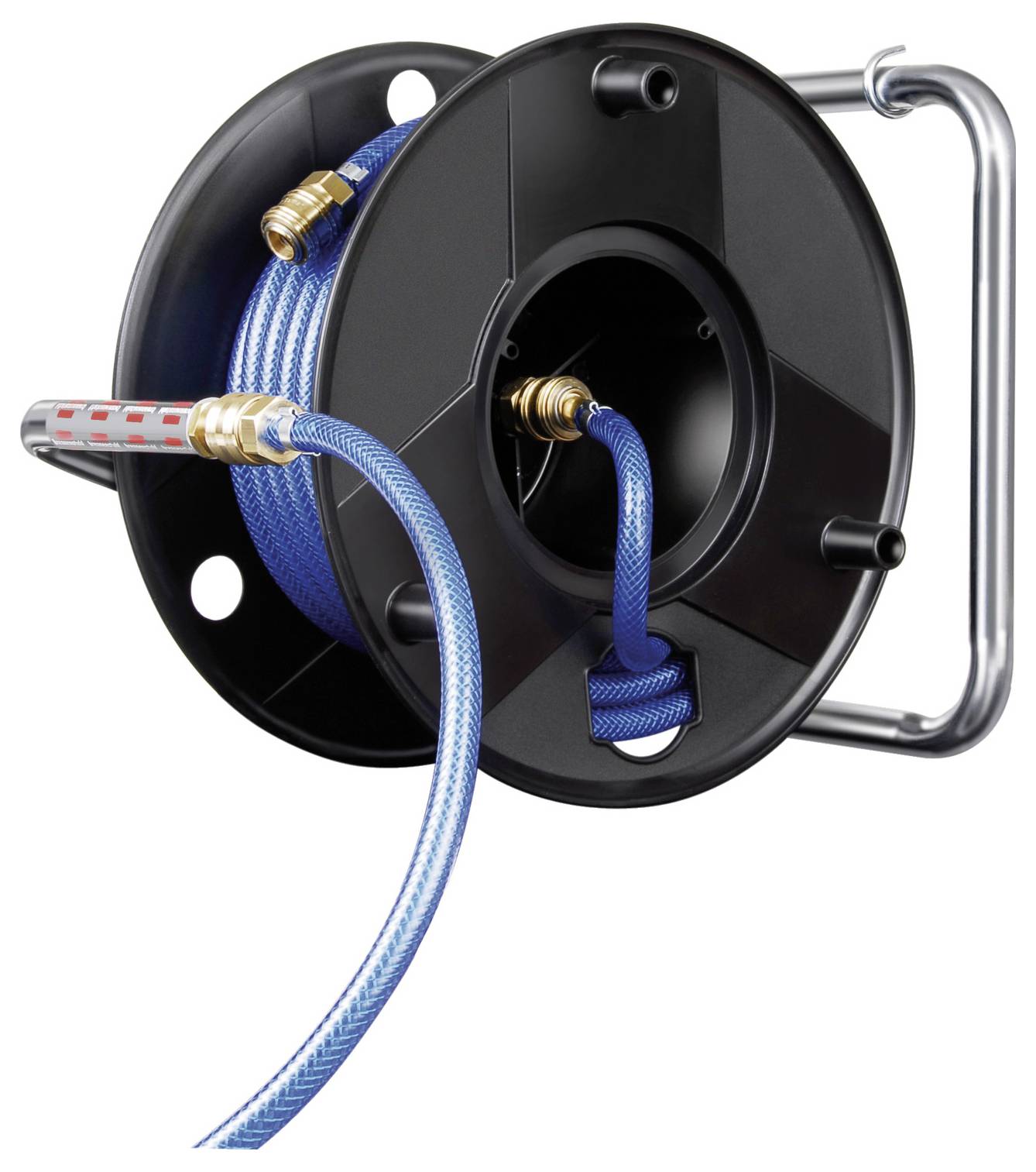 Black hose reel with blue hose and metal connectors, shown with a handle and fitting ports on a white background.