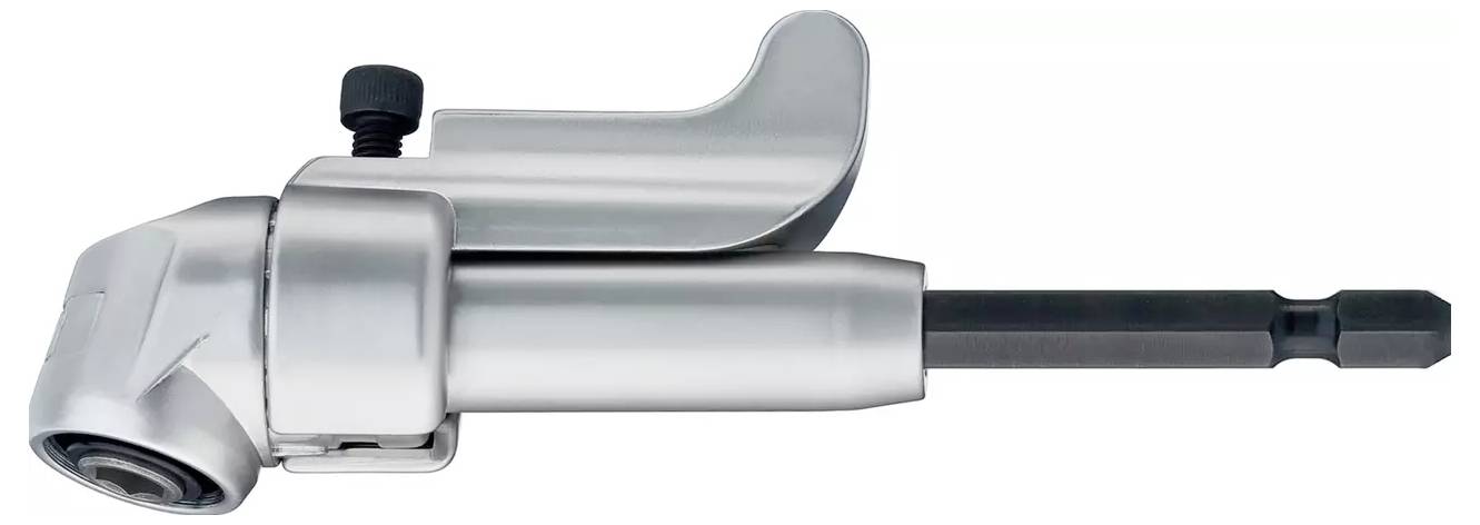 A metal right-angle drill attachment with a long hex bit, used for accessing tight spaces in drilling tasks.