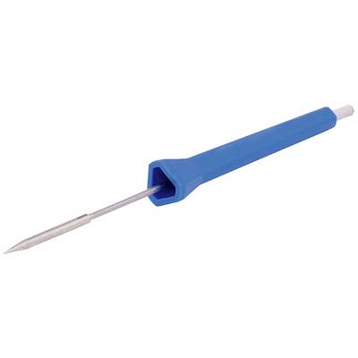 Blue electric soldering iron with a pointed metal tip, used for soldering electronic components.