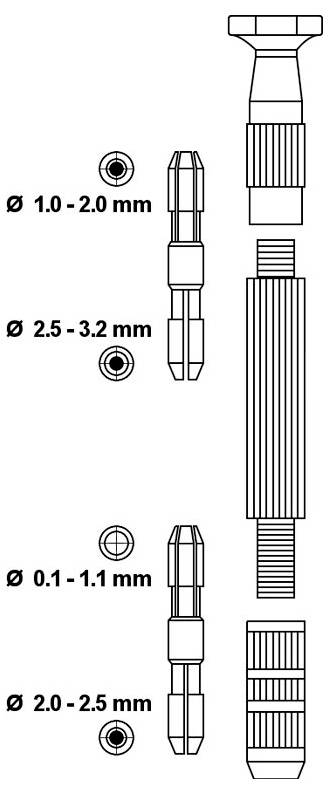 Diagram of watchmakers' screwdrivers. Four styles shown with corresponding size ranges: 1.0-2.0 mm, 2.5-3.2 mm, 0.1-1.1 mm, and 2.0-2.5 mm.