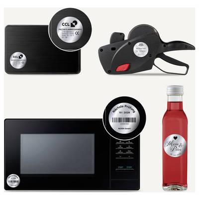 Four inventory and inspection marking on equipment and a bottle: labels with barcodes, serial and inspection numbers and 'Next inspection 10/2028'.