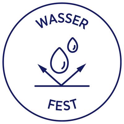 Symbol for water-resistant: Circular logo with drop and arrows; text 'WATER' at top and 'RESISTANT' at bottom.