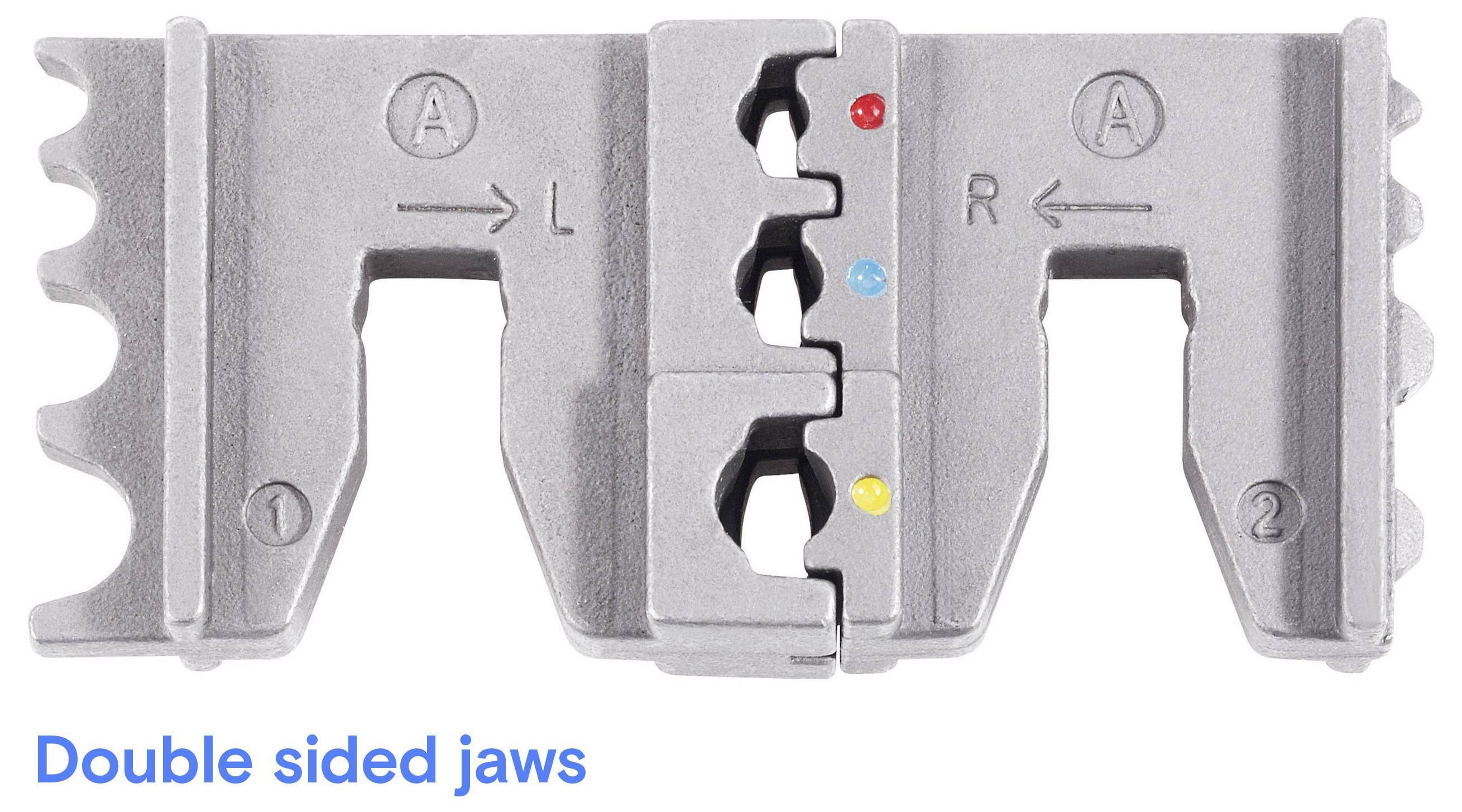 'Double sided jaws': Metal component with identifiers 'L' and 'R', featuring double-sided jaws, and colored markers for orientation.