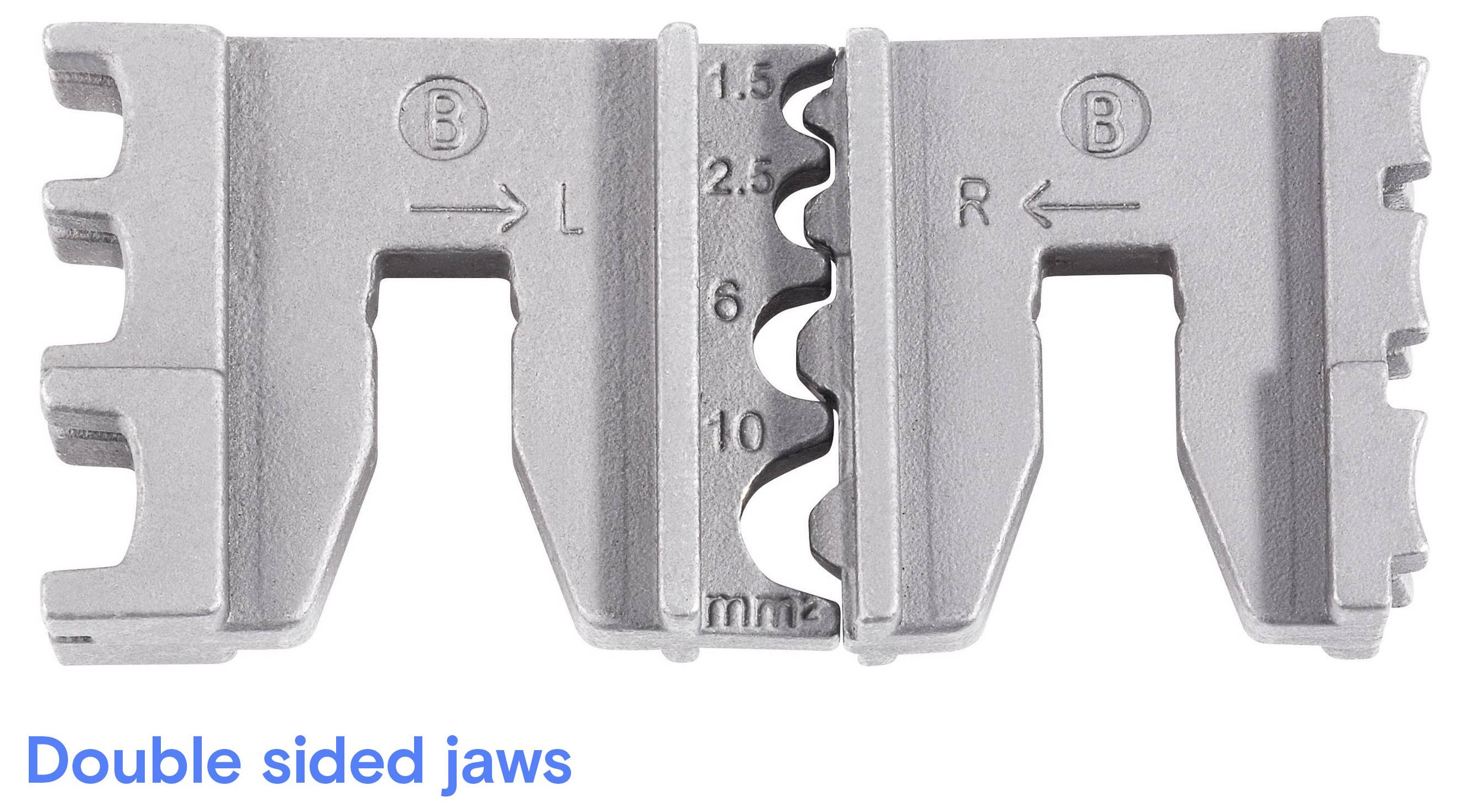 Metal tool with double-sided jaws for precision measurements; labeled 'L' and 'R' with scales from 1.5 to 10 mm.