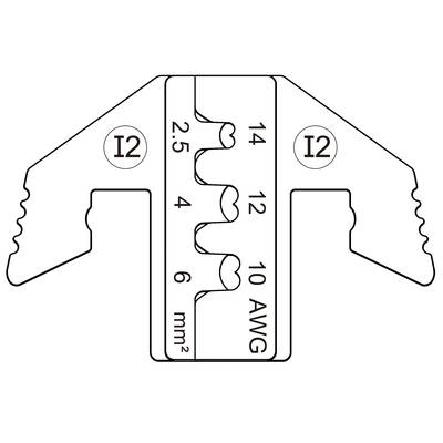 'Illustration of a wire stripper with scales for wire sizes: 2.5, 4, 6 mm² and 14, 12, 10 AWG. Labelled as I2.'