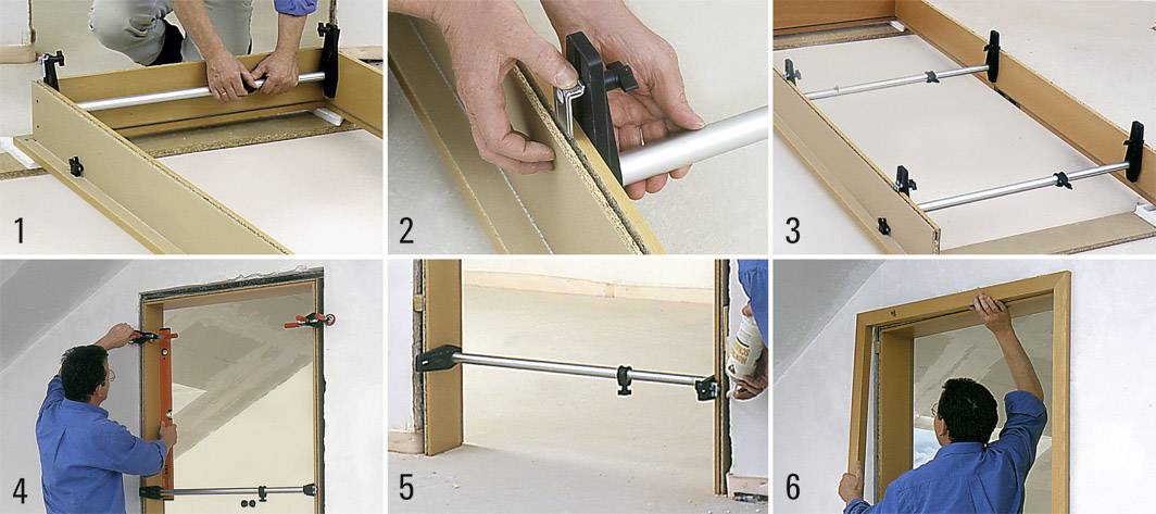 Six pictures show the steps for installing a door frame using tensioning tools and alignments. One person adjusts and secures the frame.