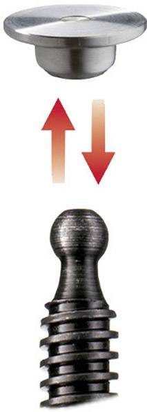 At the top, a round metal disc, below a rod with grooves. Red arrows indicate up and down movement.